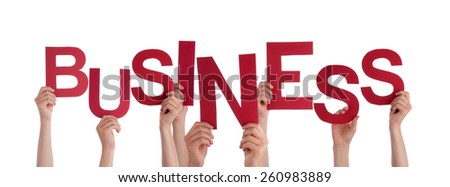 Many Caucasian People And Hands Holding Red Letters Or Characters Building The Isolated English Word Business On White Background