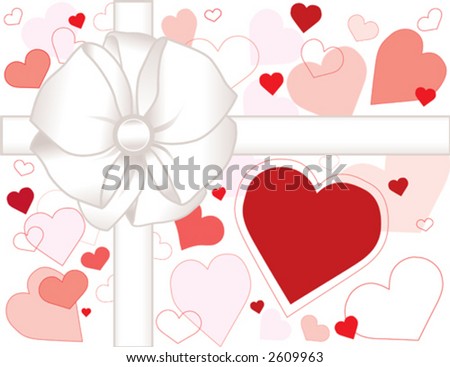GIFT BOX with a big white satin bow, ribbon, and lots of pink and Valentine's day red hearts.  EPS8 compatible.
