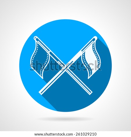 Flat blue round vector icon with white silhouette crossed sport flags for team competition on gray background. Long shadow design