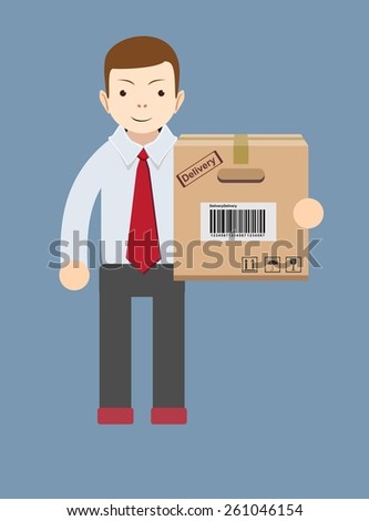 Delivery man - Funny office worker man with boxe for use in presentations, etc- Stock Vector illustration