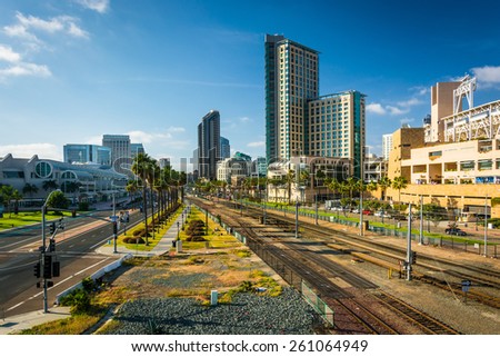 View of Harbor Drive and railroad tracks in San Diego, California.