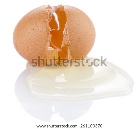 Cracked egg with reflection isolated on white background.