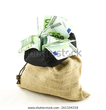 Jute bag full of money on white background