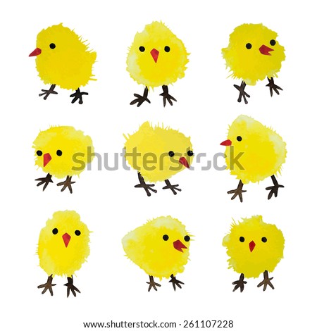 Set of vector watercolor chickens isolated on white background. Happy Easter day vector clip art for your design