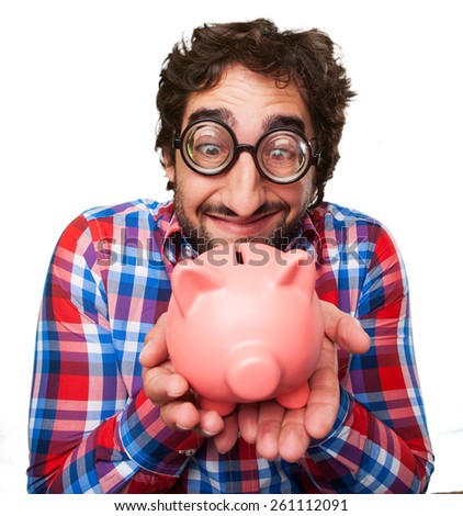 crazy man with a piggy bank