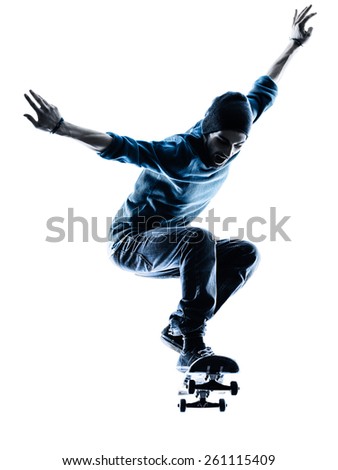one caucasian man skateboarder skateboarding in silhouette isolated on white background