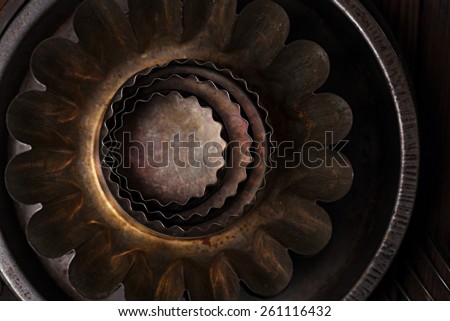 abstract picture with Vintage  Baking Tins and molds, tiny focus