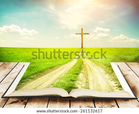 Open book with grass and a way walking towards a cross Royalty-Free Stock Photo #261132617