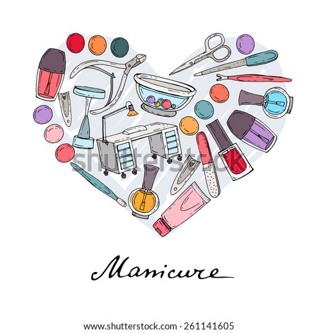 Stylized heart on the theme of manicure with hand drawn manicure symbols on white background. Vector for use in design 