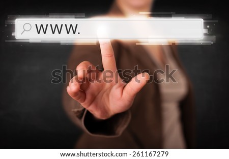 Young woman touching web browser address bar with www sign 
