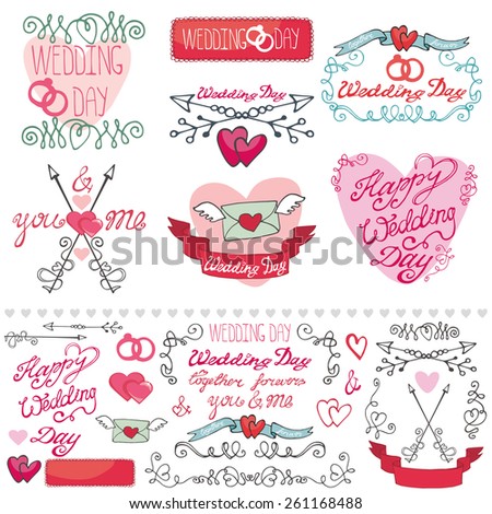 Wedding day,love,romantic decor elements set.Ribbon,swirls,arrows,headline for logo,emblems,card. Doodle hand drawing Vintage vector,retro.Cute invitation maker