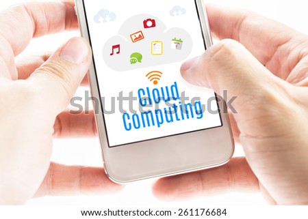Close up Two hand holding smart phone with Cloud Computing word and icons, Digital concept