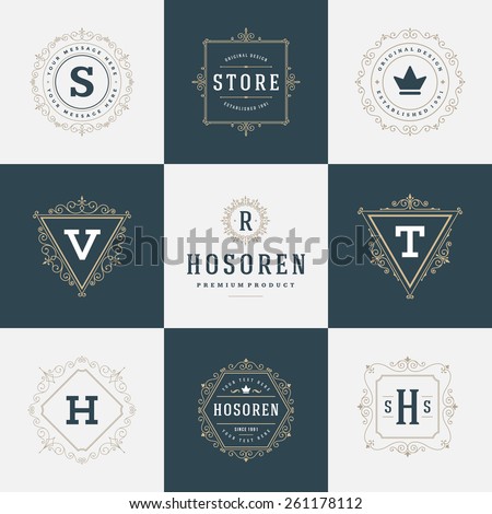 Set Luxury Logos template flourishes calligraphic elegant ornament lines. Business sign, identity for Restaurant, Royalty, Boutique, Hotel, Heraldic, Jewelry, Fashion and other vector illustration