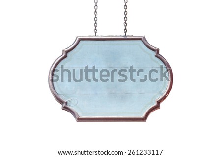 blank wooden sign hanging on a chain isolated on white background
