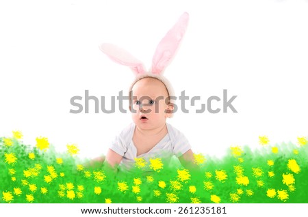 child in form of an Easter bunny in grass on white background