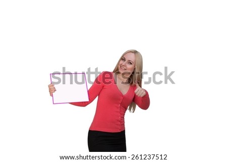 Smiling woman showing blank poster billboard. Portrait of beautiful charming woman with smile holding up a blank white sign for your attention isolated on white background