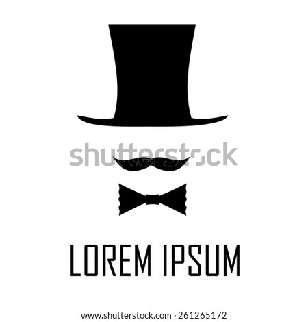 Stovepipe hat, mustache and bow tie. Illusionist, magician logo.