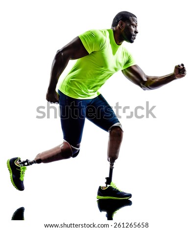 one muscular handicapped man with legs prosthesis in silhouette on white background
