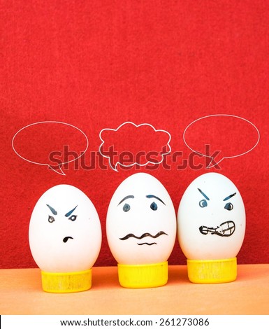 Group of happy smiling eggs with social chat sign and speech bubbles