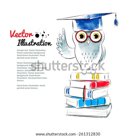 Owl sitting on books. Watercolor vector illustration. Isolated.