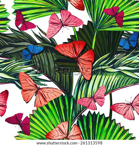Beautiful seamless tropical jungle floral pattern background. Butterflies and palm leaves, exotic print