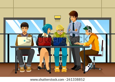 A vector illustration of different business people working together