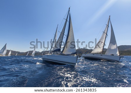 Sailing yacht race. Sailing ships yachts with white sails in the open sea. Royalty-Free Stock Photo #261343835