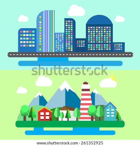 Colorful set of urban and rural landscapes. Creative flat design of nature and cities. Trendy business concept. Vector illustration.