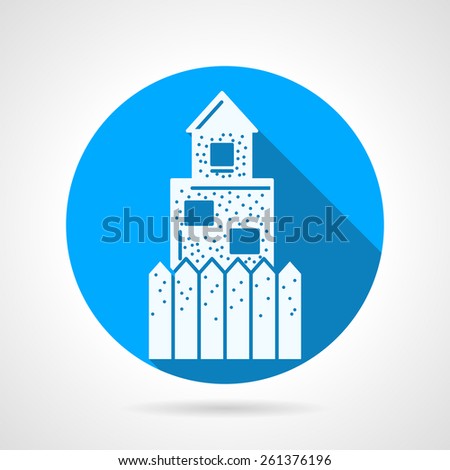 Round blue flat vector icon with white silhouette wall for paintball defence barricade on gray background. Long shadow design