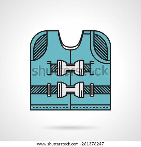 Flat color vector icon with black contour for blue life-jacket on white background.