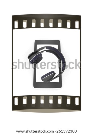 a creative cellphone with headphones isolated on white, portable audio concept. The film strip
