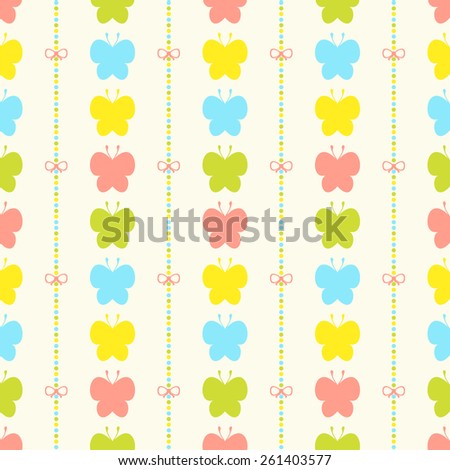Seamless vector pattern with bows on a colorful strips background and colorful butterfly. For cards, invitations, wedding or baby shower albums, backgrounds, arts and scrapbooks. 