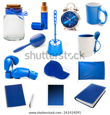 different isolated blue objects  on a white background