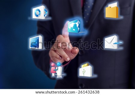 Businessman working with technology menu on virtual screen: Infographic design