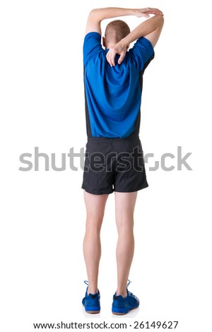 Full isolated picture of a caucasian man stretching the muscles