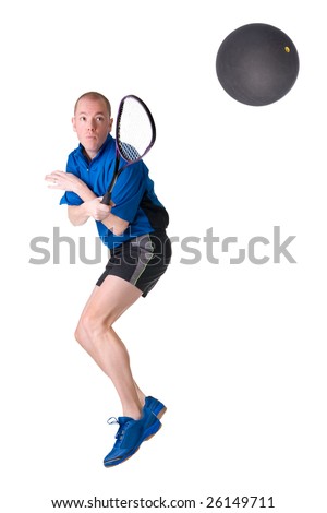 Full isolated picture of a caucasian man playing squash