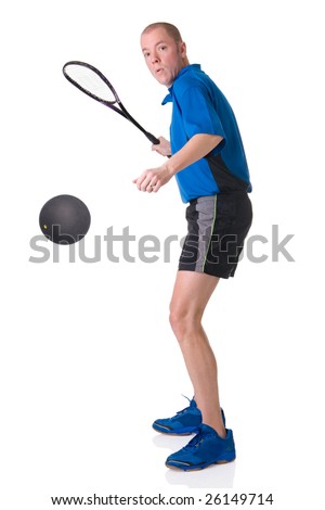 Full isolated picture of a caucasian man playing squash