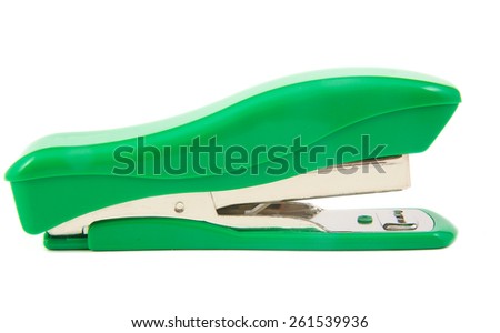 Green stapler on a white background