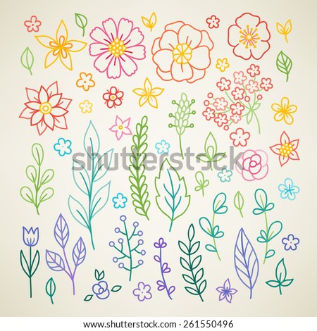 Vector floral collection. Hand drawn colorful rainbow flowers with leaves and herbs. Perfect for spring or summer invitation, wedding and greeting cards