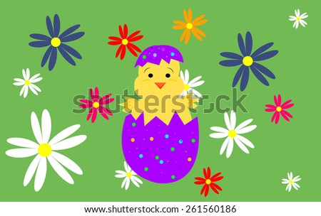Easter Chick with green background with flowers in different colors