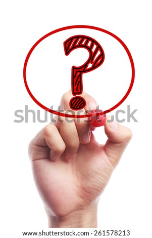 Question mark sign is written on transparent white board with marker in hand.