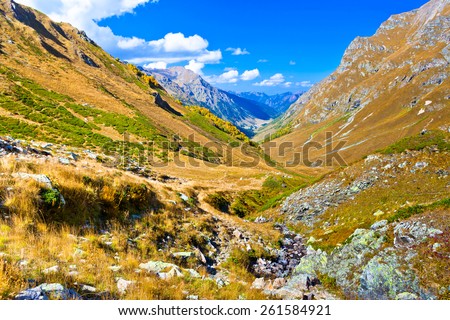 Mountain valley in autumn. Picture was taken during a trekking hike in the Caucasus mountains at autumn, Arhiz region, Russia