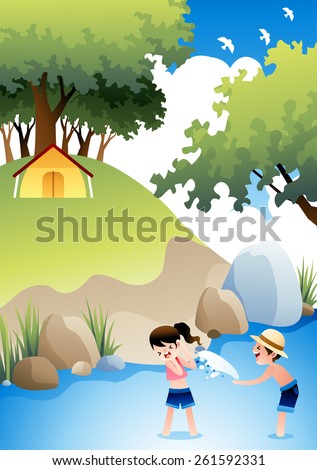 Summer Camping and Cheerful Children - lovely girl and cute boy playing and enjoy fun in the water on a background with bright blue sky and beautiful green grass park : vector illustration