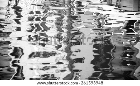 Blurred reflection of colorful houses on the water. Venice, Italy. Blurred abstract background. Aged photo. Black and white.