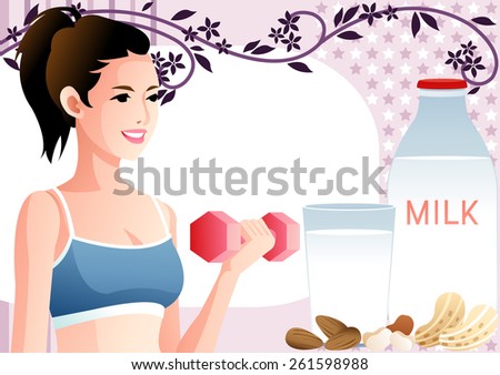 Healthy Life Style - happy smiling and attractive young female lifting pink dumb bell with fresh drink on white and bright purple background of floral, stripe and star patterns : vector illustration
