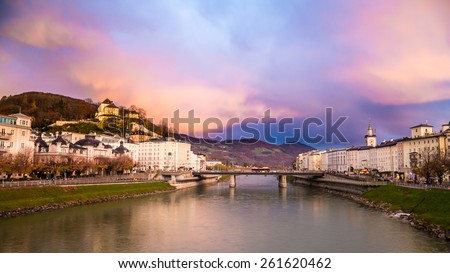a view of the city of Salzburg with its river, the Salzach