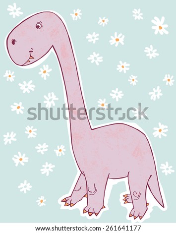 vector cute cartoon childish hand drawn little dinosaur illustration with camamiles flowers