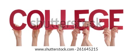 Many Caucasian People And Hands Holding Red Straight Letters Or Characters Building The Isolated English Word College On White Background