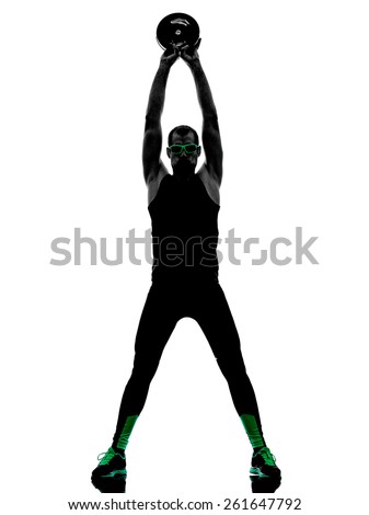 one man exercising weight disk fitness crossfit  in silhouette isolated on white background