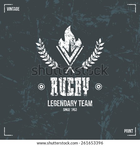 Rugby team torch emblem in retro style. Graphic design for t-shirt. White  print on a dark background